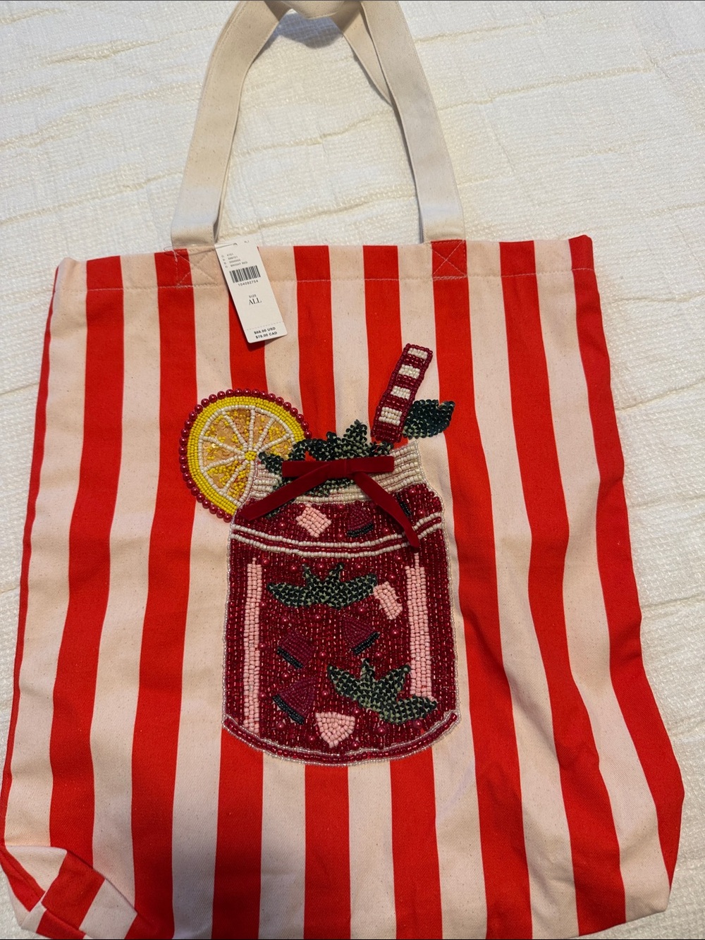 Anthropologie Beaded Pink & Red Striped Tote with Lemon Accent - Picture 4 of 5